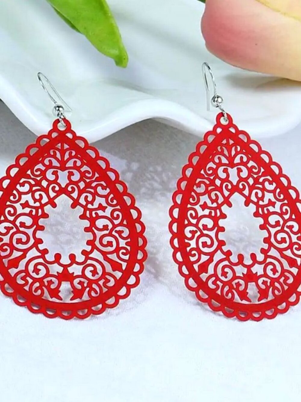 Ophelia Filigree Teardrop Water Drop Dangle Earrings Sweet Red Gift Packaged